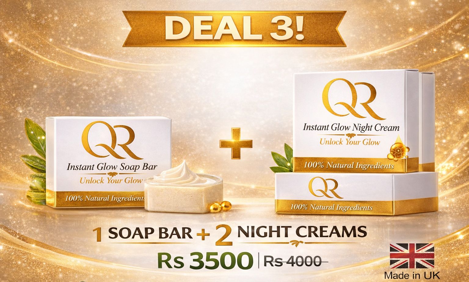QR Glow Combo Deal 3 - QR Instant Glow Soap + 2× QR Night Cream