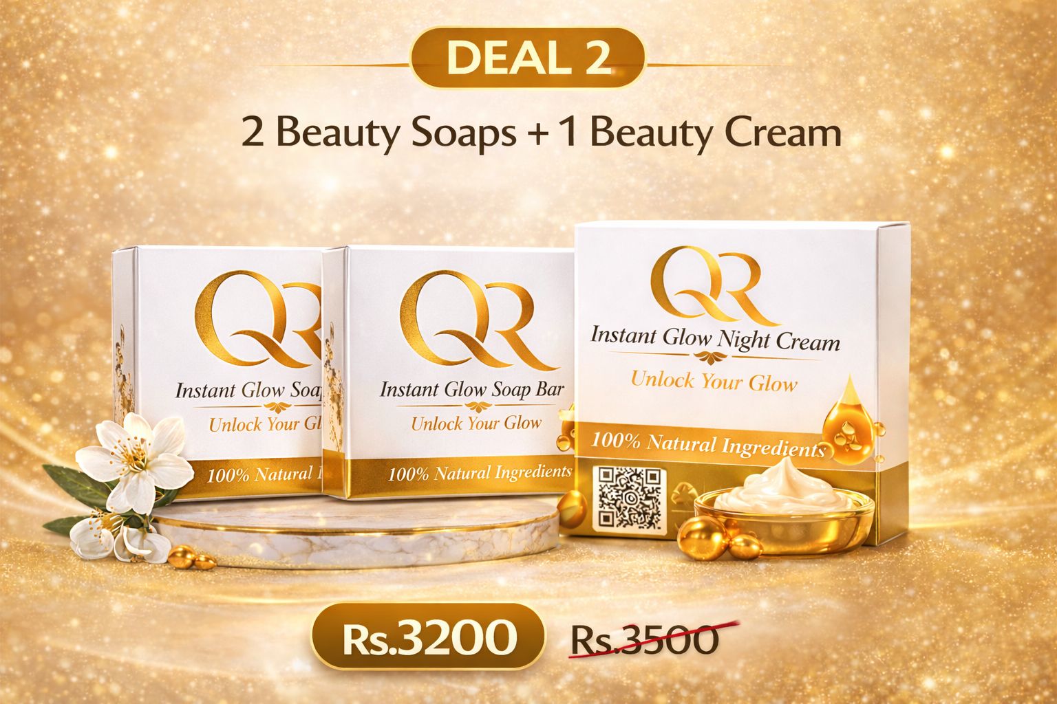 QR Glow Combo Deal 2 - QR Instant Glow Soap (2x) + QR Night Cream